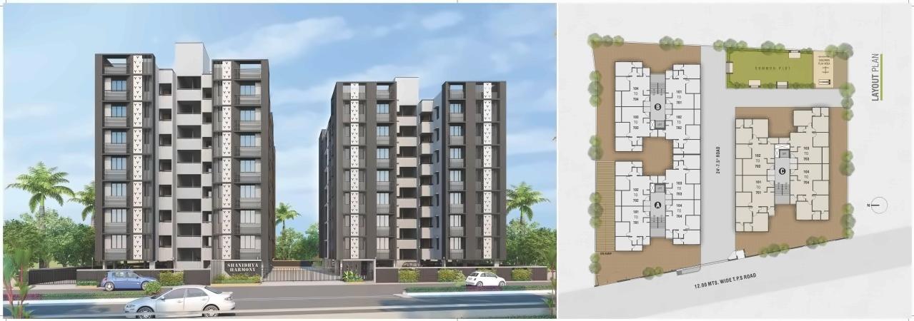 3D Elevation of real estate project Sanidhya Harmony located at Makarba, Ahmedabad, Gujarat