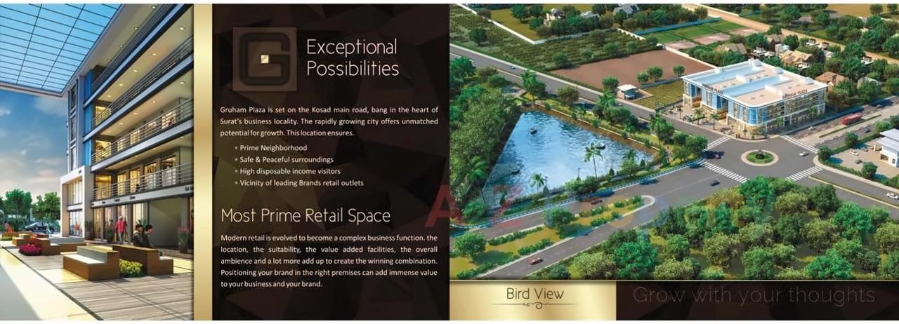 3D Elevation of real estate project Gruham Plaza located at Kosad, Surat, Gujarat