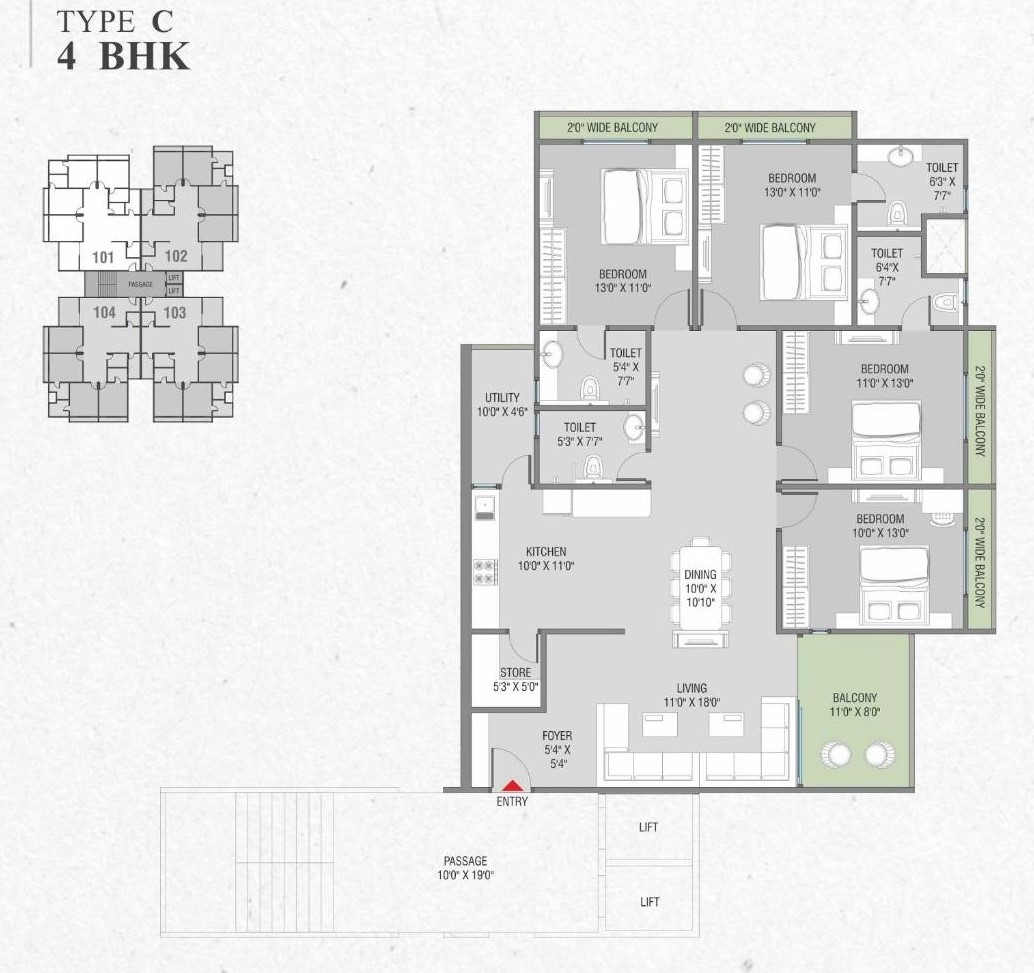Tower C 4 Bhk Layout of real estate project Sharnam Green located at Harni, Vadodara, Gujarat