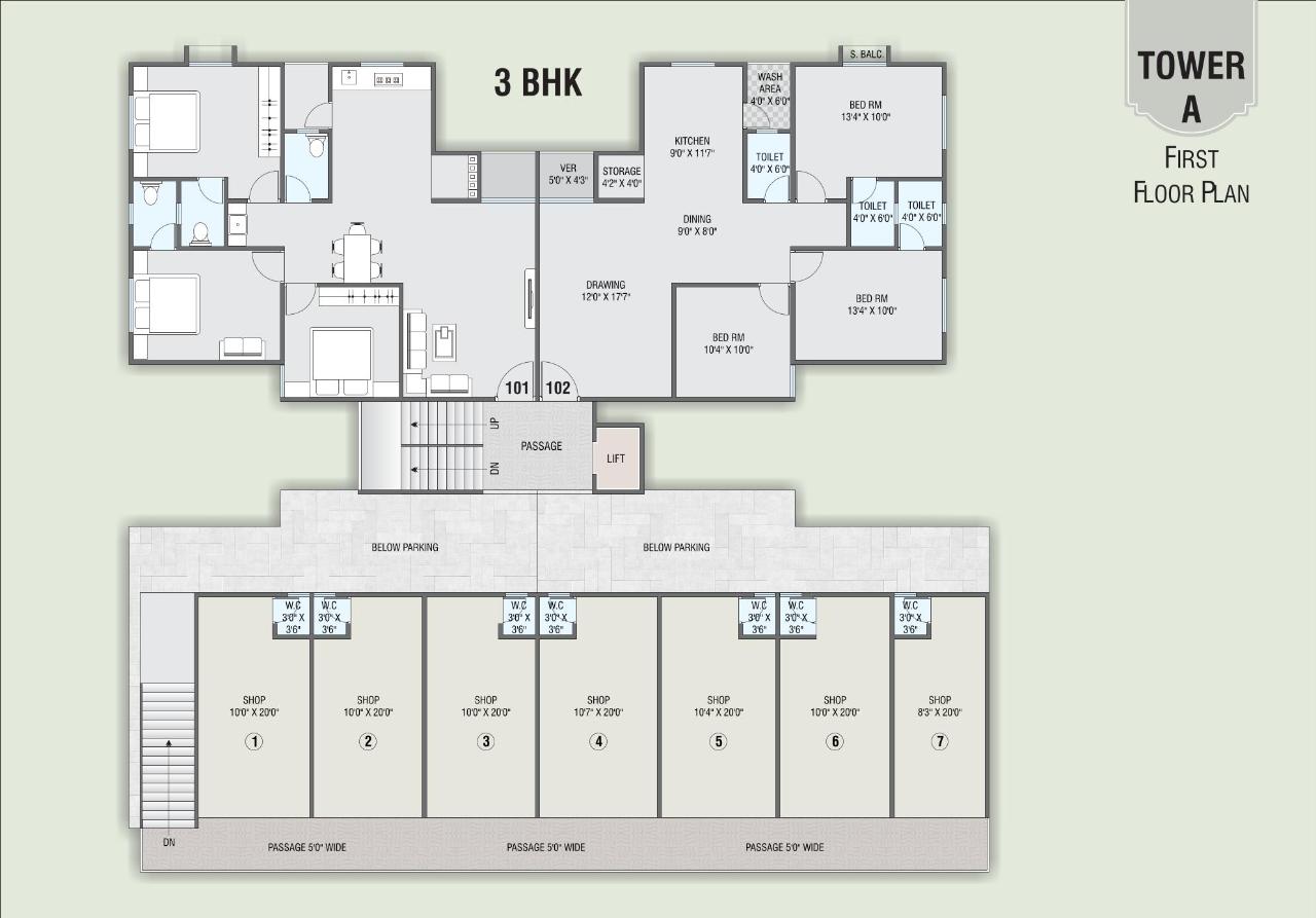 Tower A First Floor Plan Layout of real estate project Shree Kunj Residency located at Jambuva, Vadodara, Gujarat