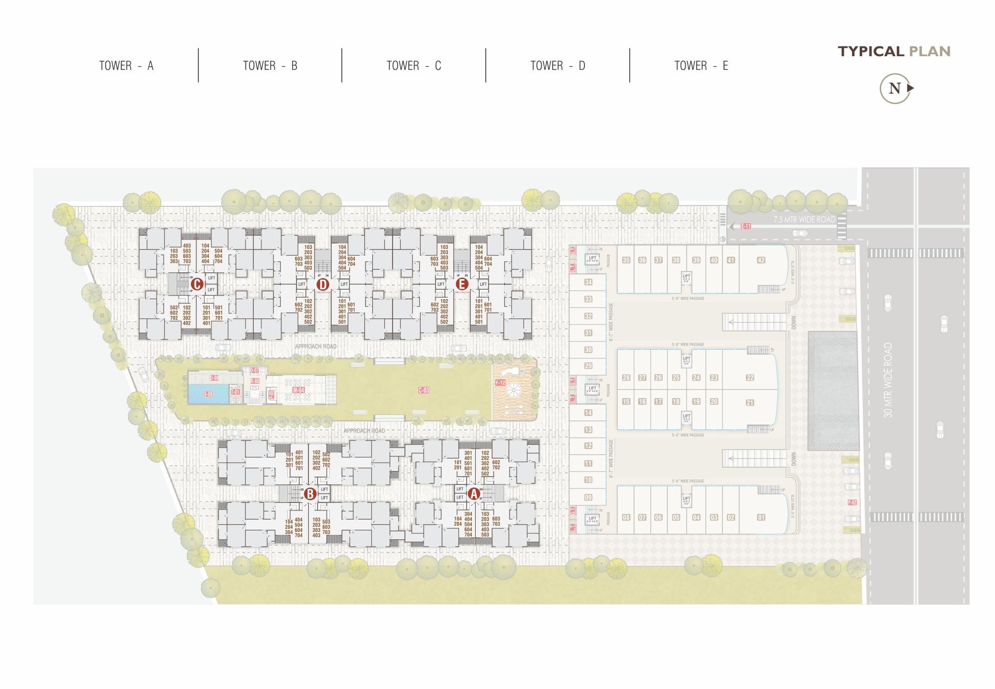 Tower A B C D E Plan of real estate project Shree Siddheshwar Paradise located at Harni, Vadodara, Gujarat