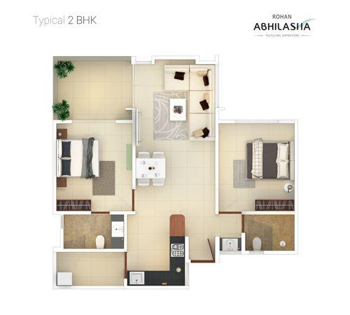 Typical 2 Bhk 500x450 of real estate project Rohan Abhilasha located at Wagholi, Pune, Maharashtra